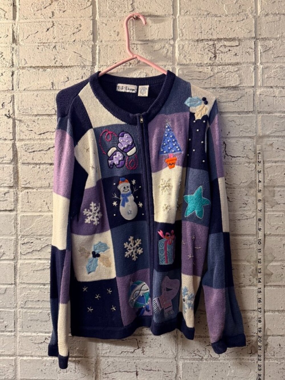 B.P. Design Womens M Christmas Patchwork Zip Up Cardigan Snowman Sweater